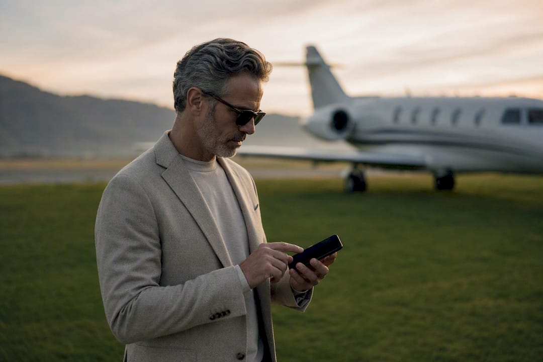 Traveler adjusting smartphone next to private jet