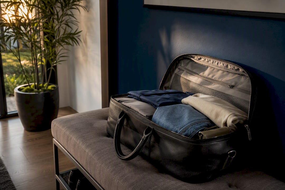 Packed go-bag waiting for spontaneous trip