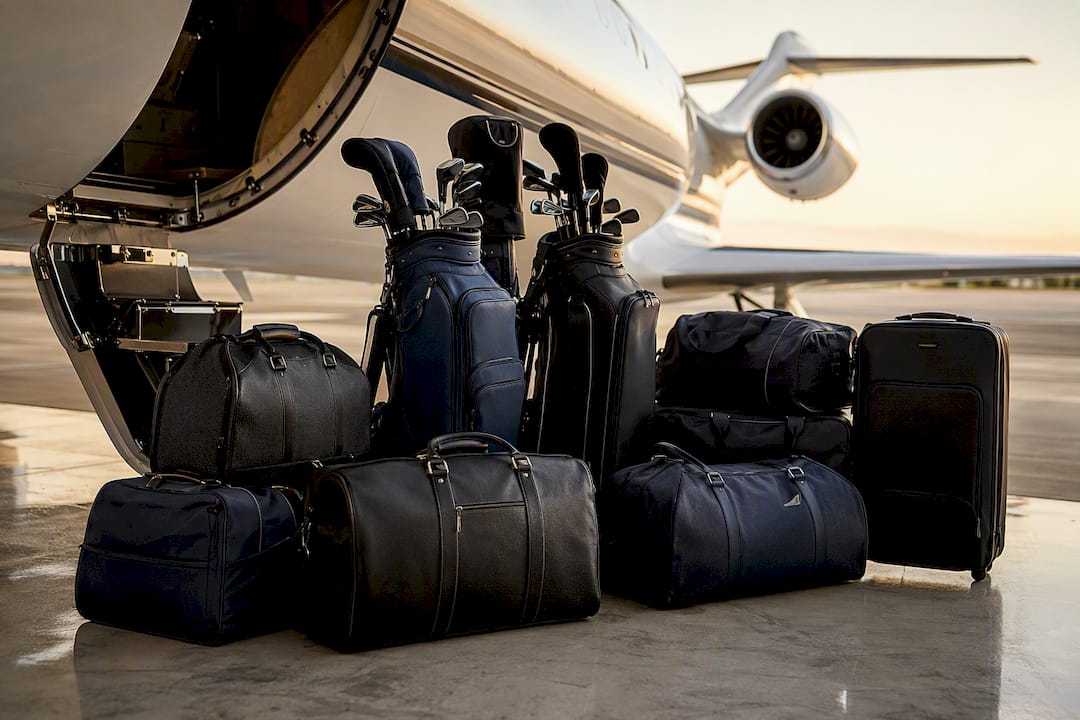 Packed travel and golf bags next to jet luggage hold