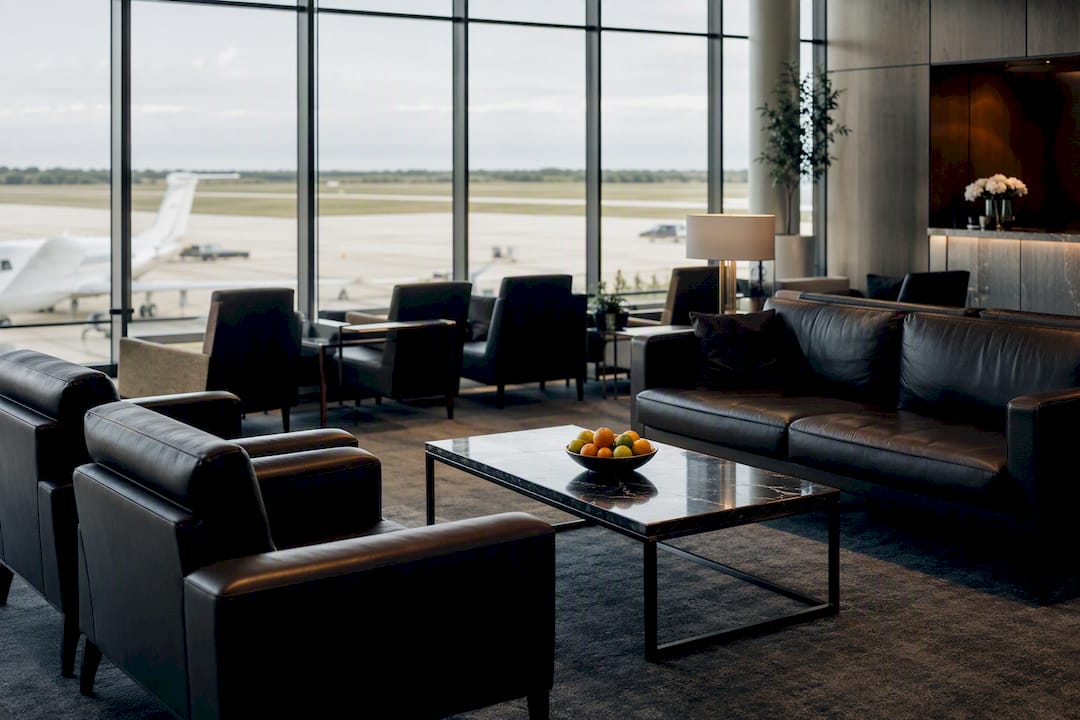Luxury private jet FBO lounge interior