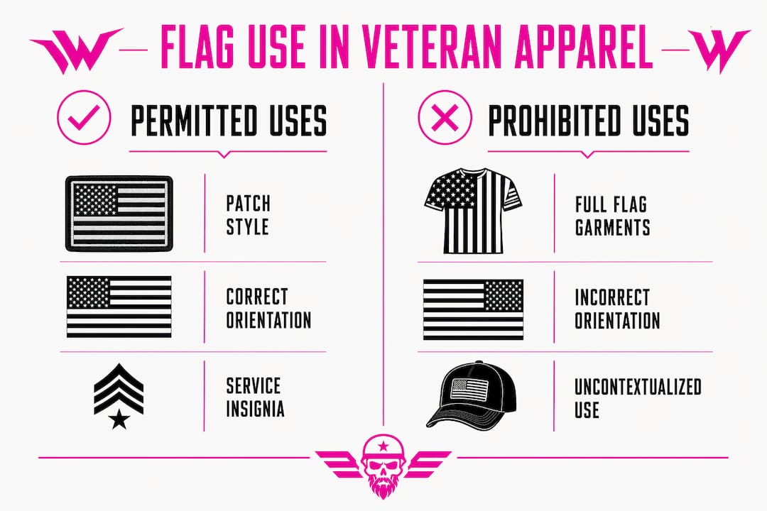 Infographic comparing permitted and prohibited flag uses in apparel