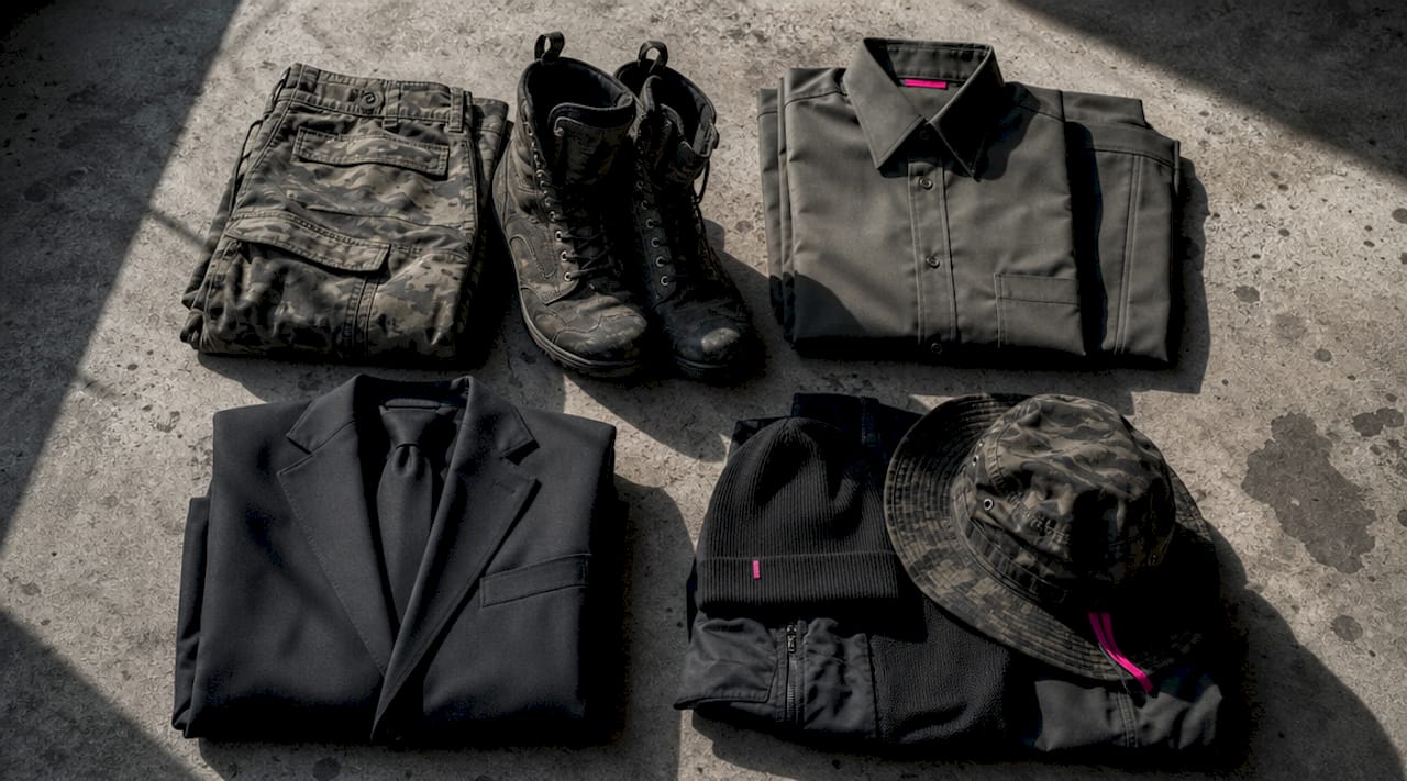 Flat lay of four military clothing tiers apparel