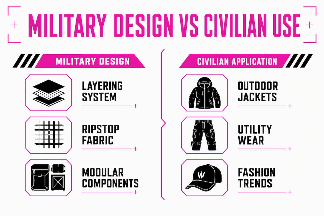 Infographic comparing military design and civilian apparel