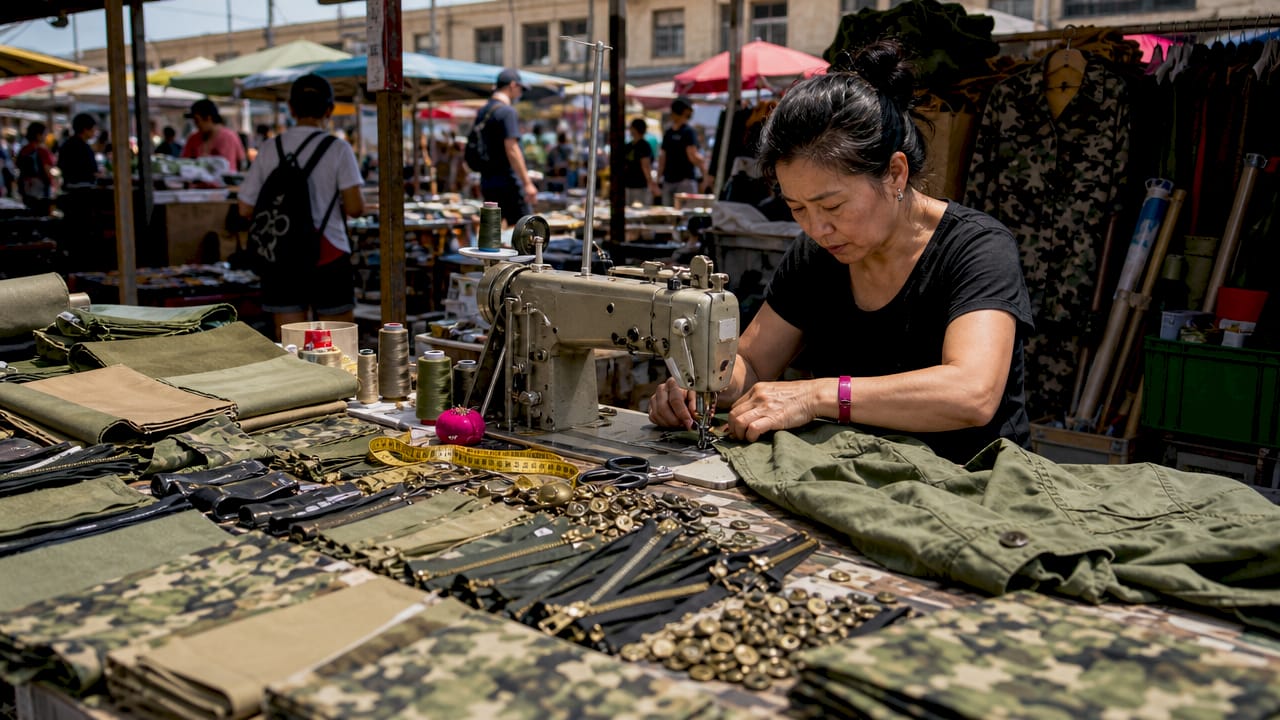 Tailor crafting military-style jacket sleeve