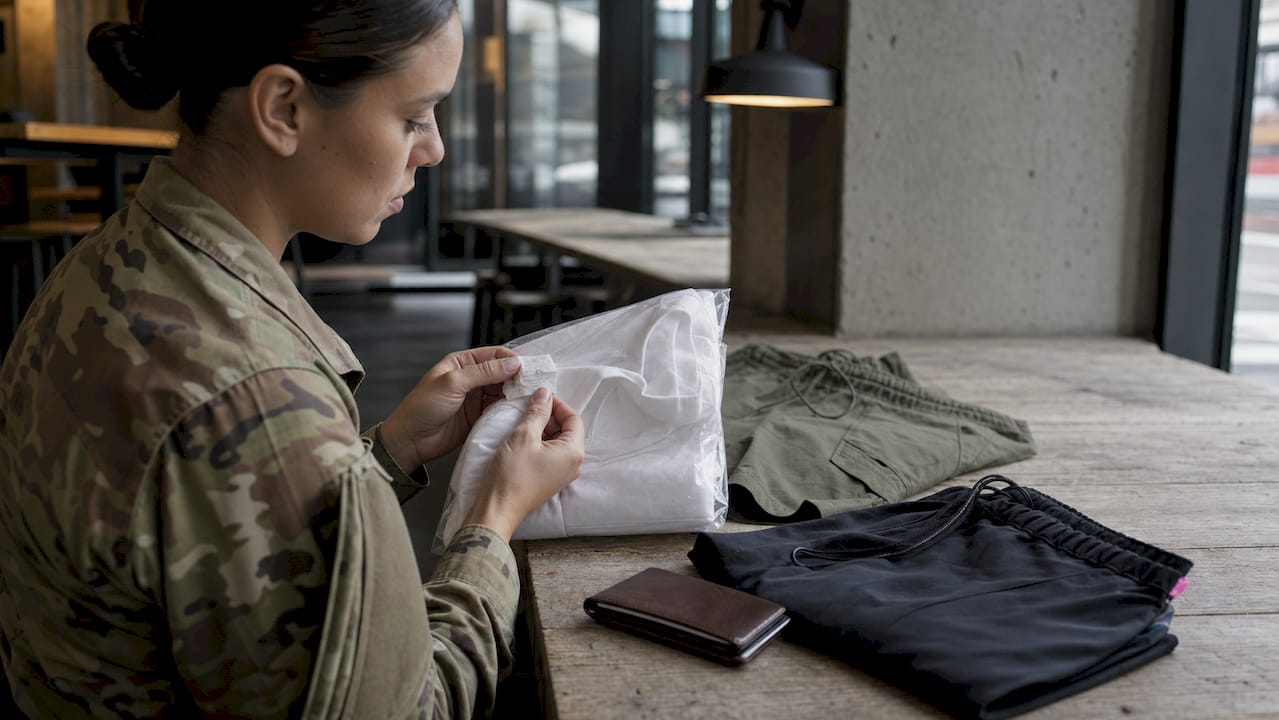 Female service member inspecting white tees