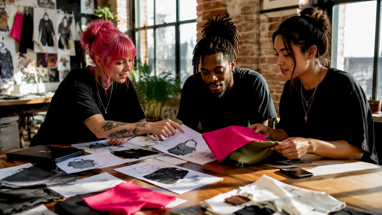 Designers reviewing utility apparel sketches and fabrics