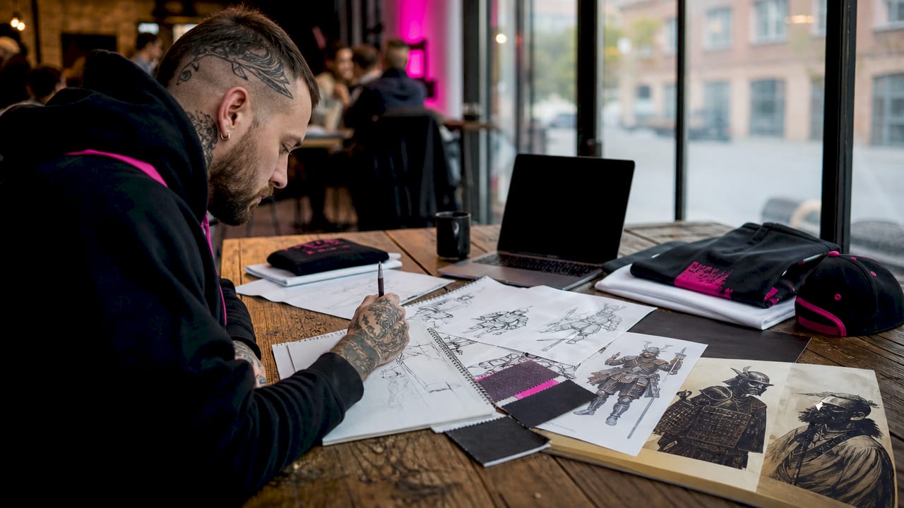 Overhead view of warrior armor references and fashion sketches
