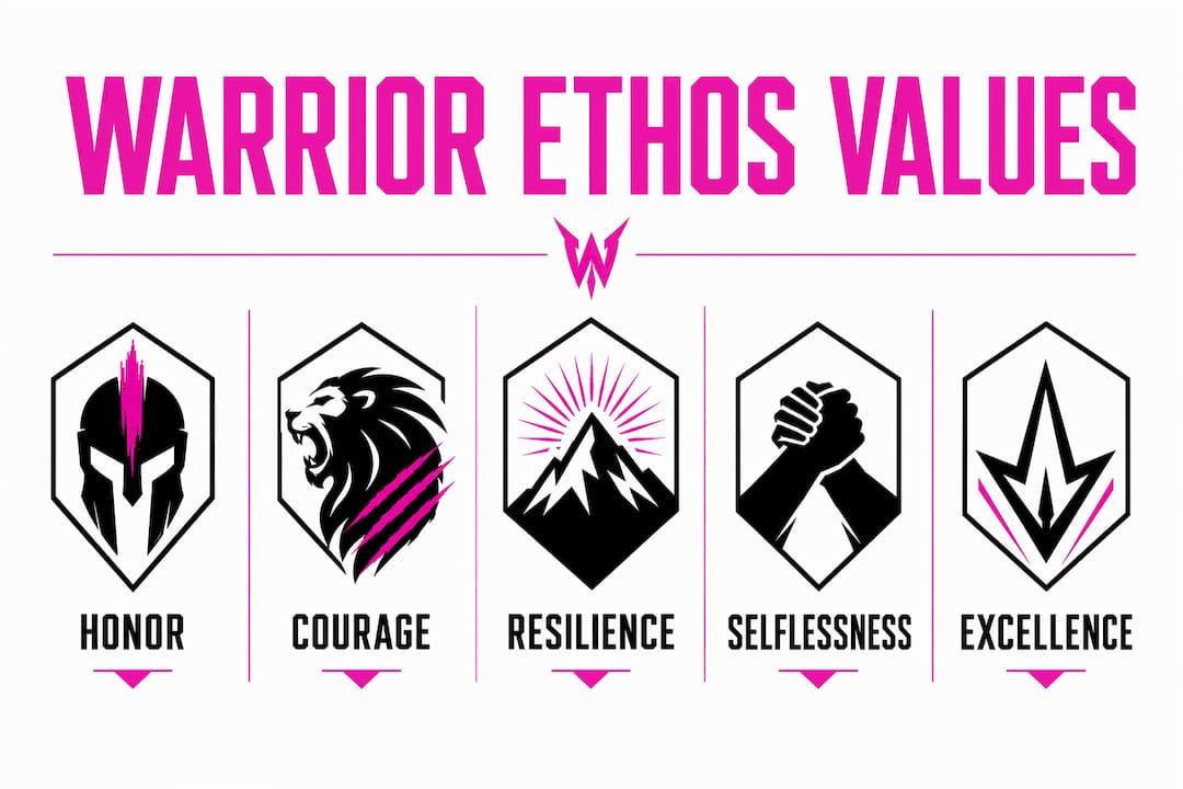 Infographic illustrating core warrior ethos values in fashion