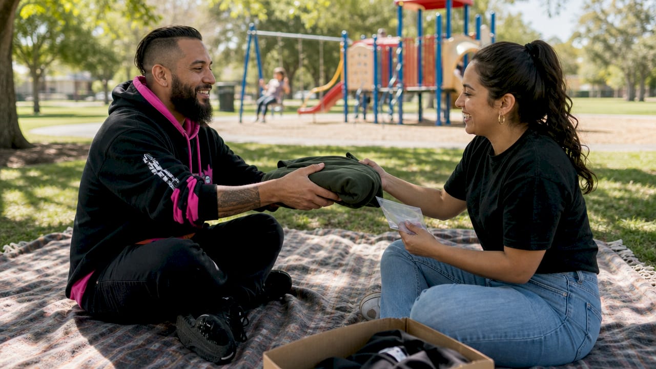 Hands exchanging hoodie and donation receipt outdoors
