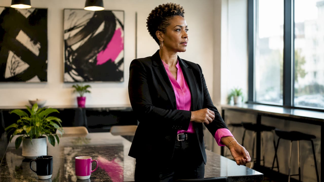 Woman adjusting business casual shirt at office desk