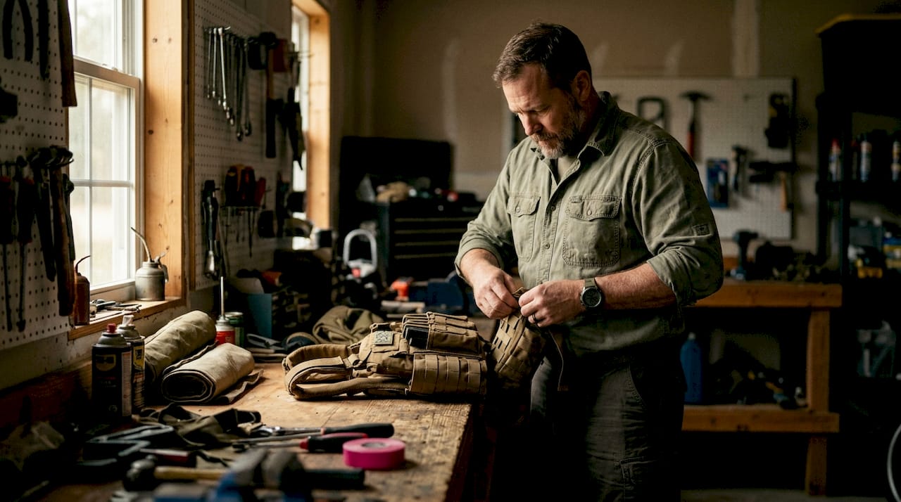 Hands attaching MOLLE pouches on tactical vest