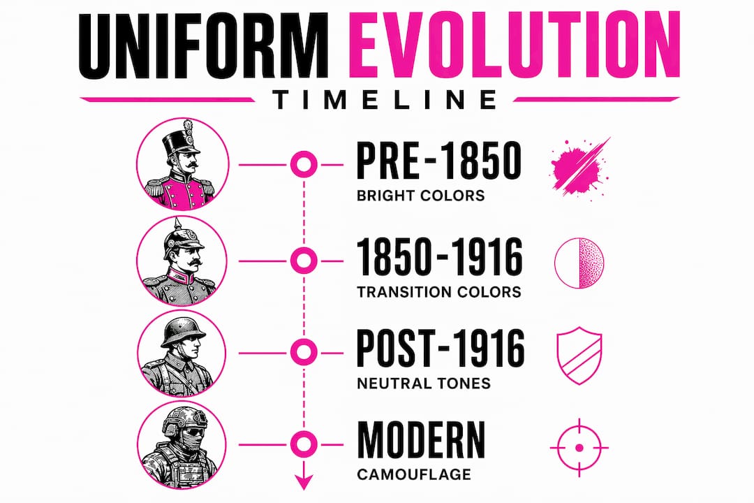 Vertical flow infographic of military uniform evolution stages