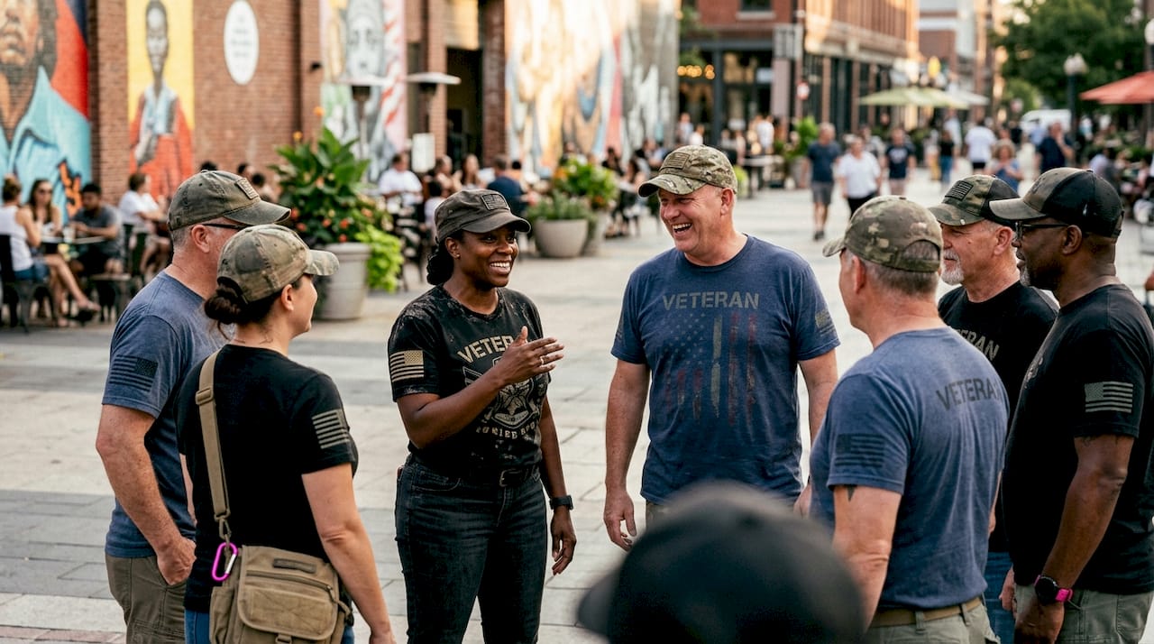 Group of veterans wearing pride apparel outdoors