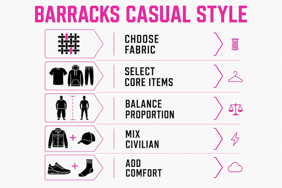 Vertical flow infographic outlining barracks casual style steps