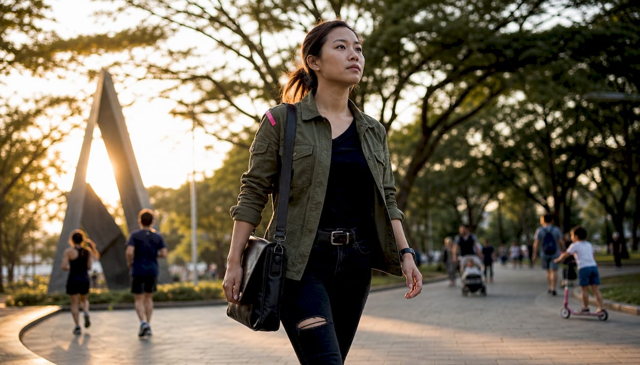 Veteran woman walking in city in professional casual style