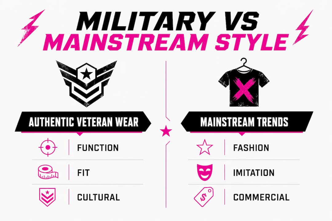 Infographic comparing authentic veteran wear and mainstream military-inspired trends