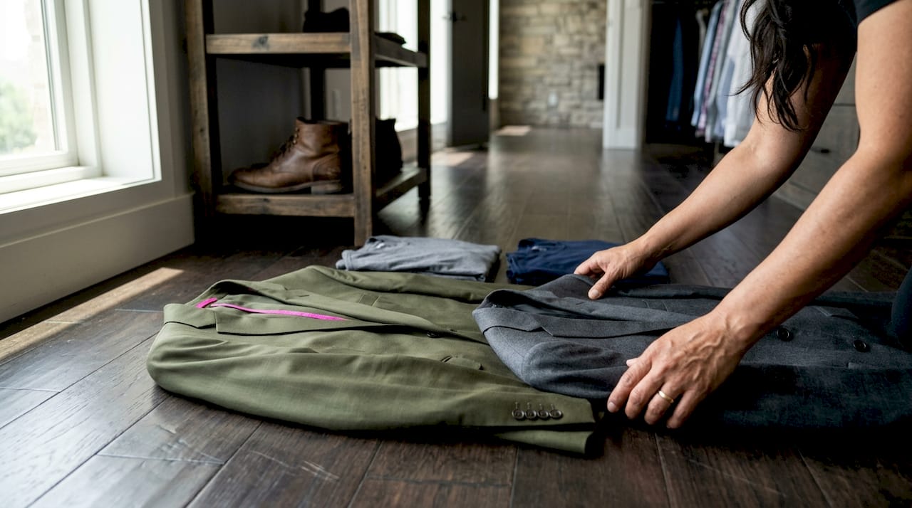 Hands arranging tailored civilian suits and base layers