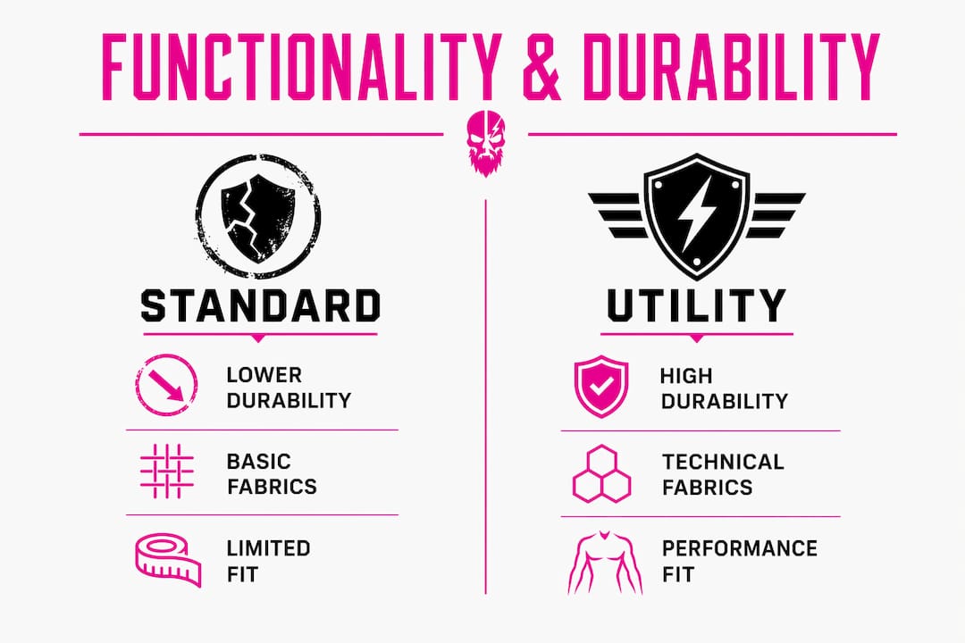 Infographic comparing standard vs utility clothing features