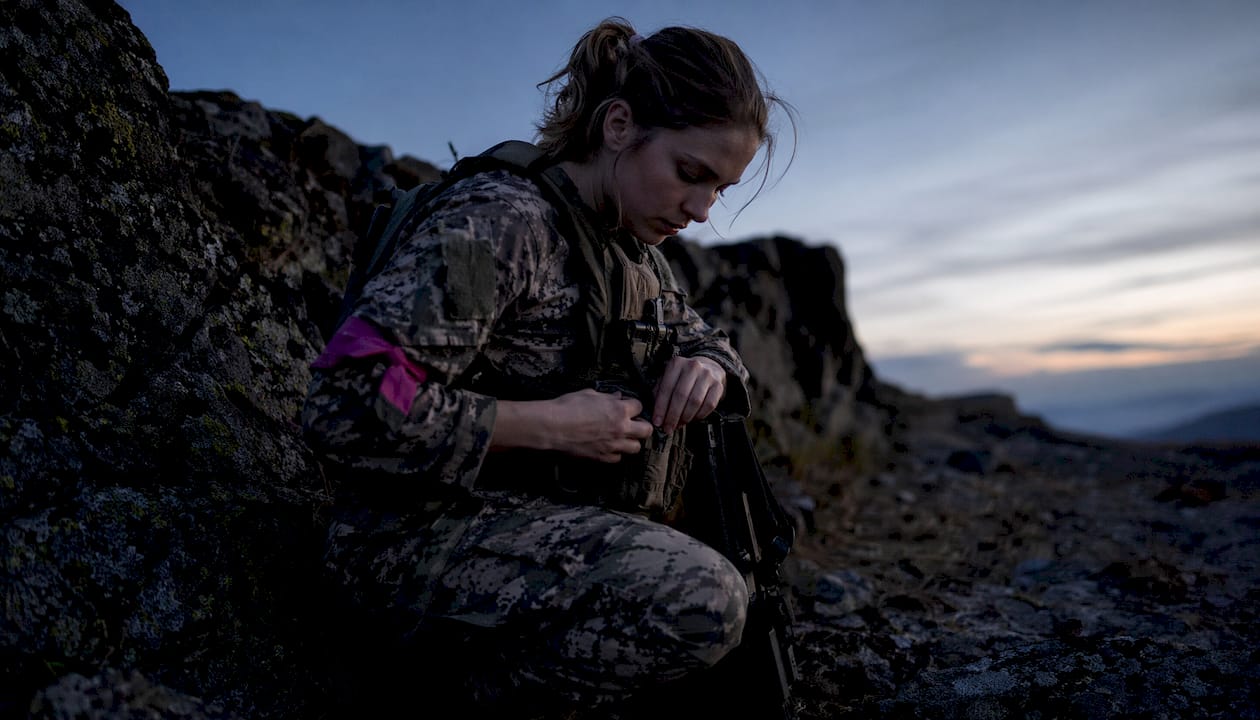 Female soldier in camouflage adjusting gear outdoors
