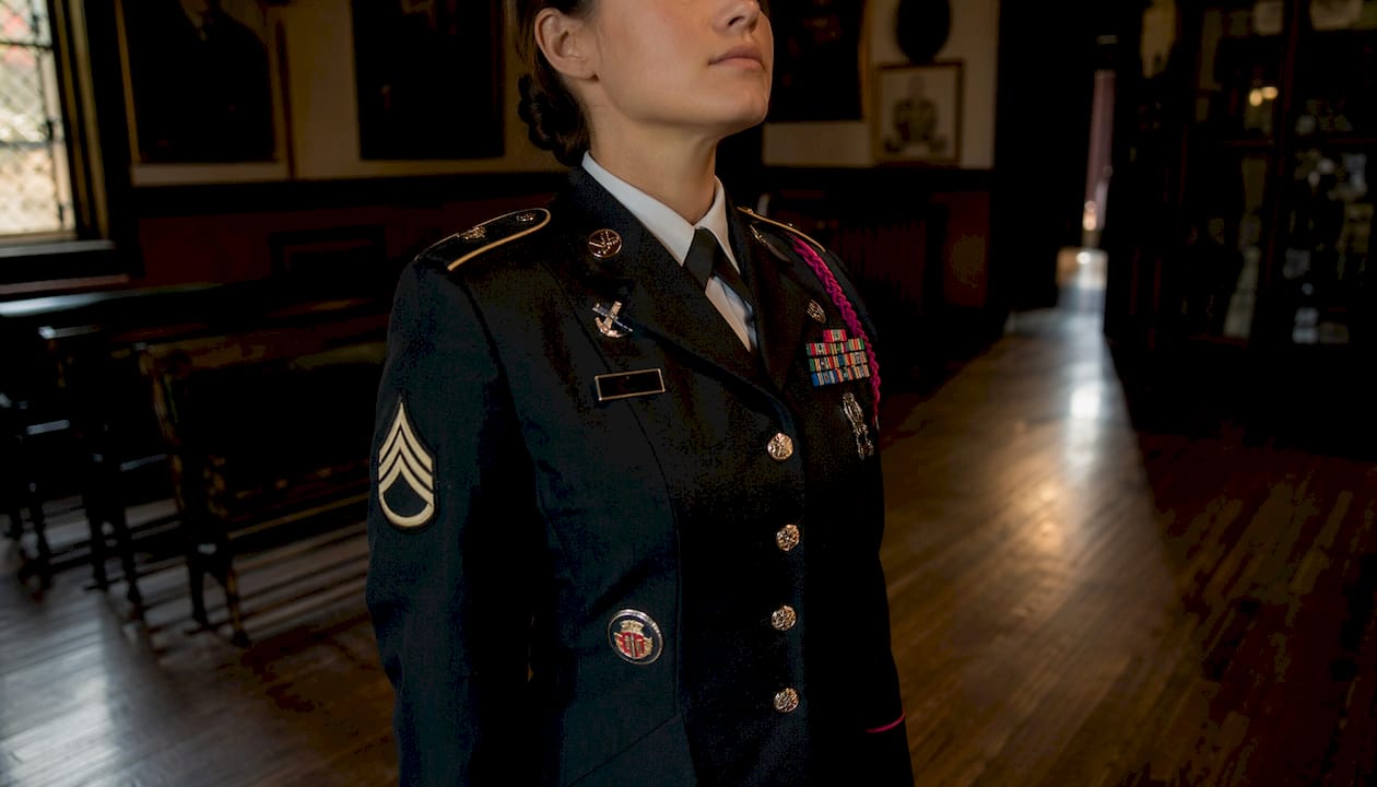 Close-up of dress uniform details and insignia