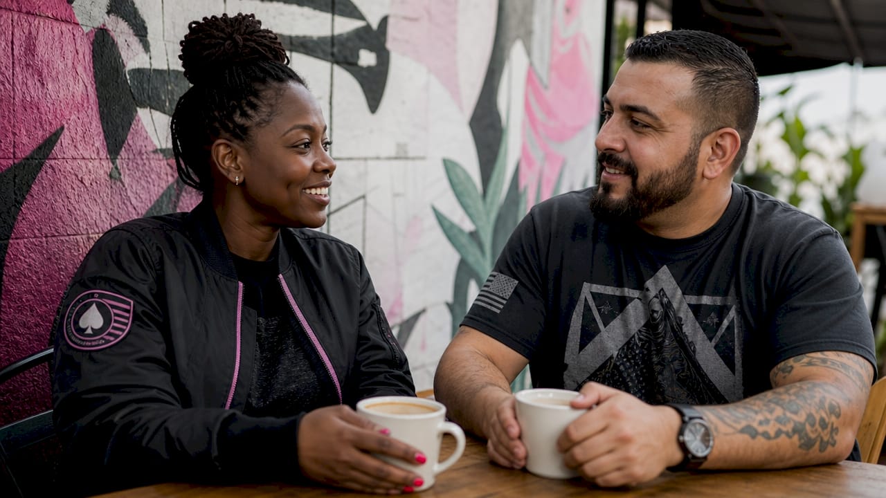 Diverse veterans reconnecting outdoors with symbols