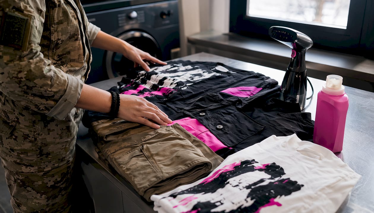 Hands sorting military casual tops on table
