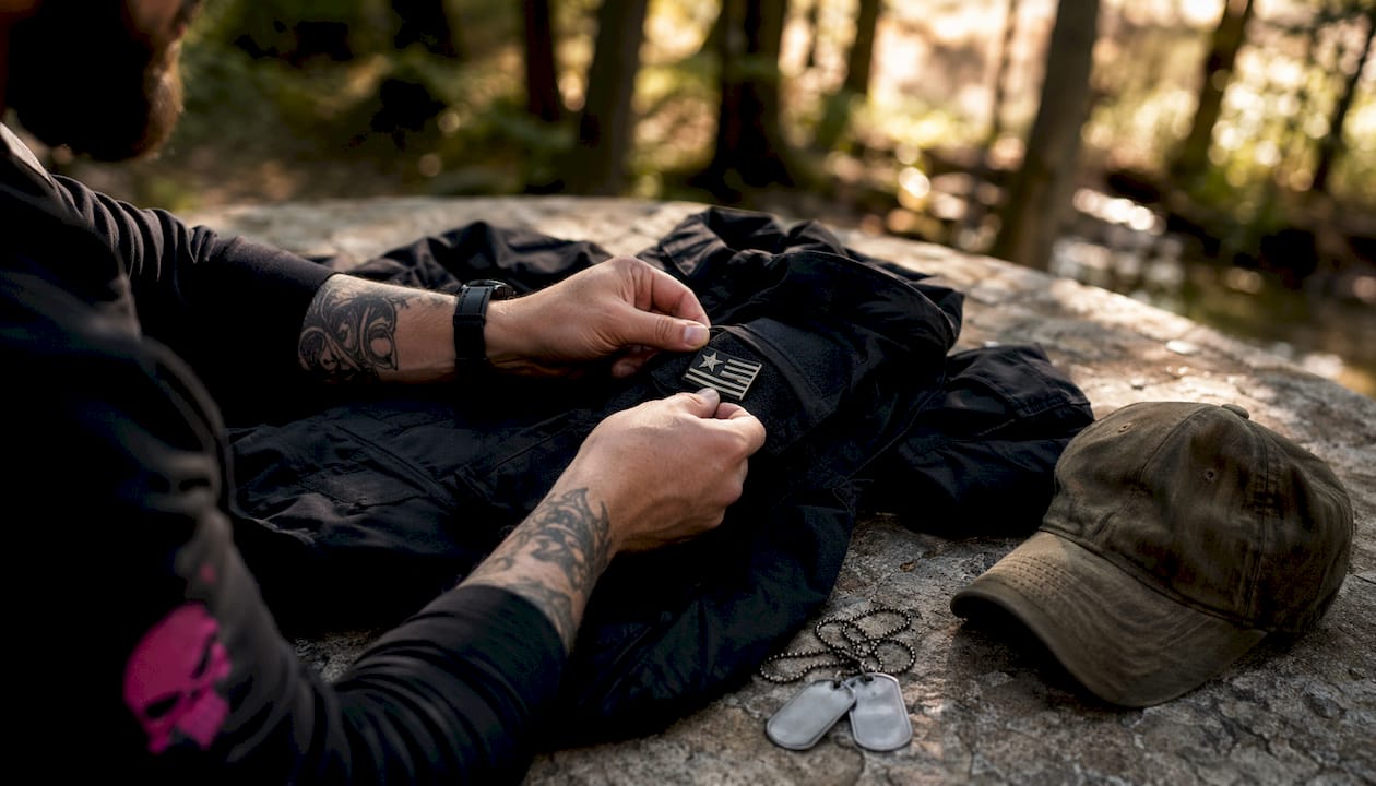 Hands pinning veteran-owned lapel badge on jacket