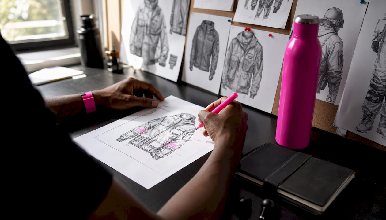 Overhead view of hands marking tactical clothing designs