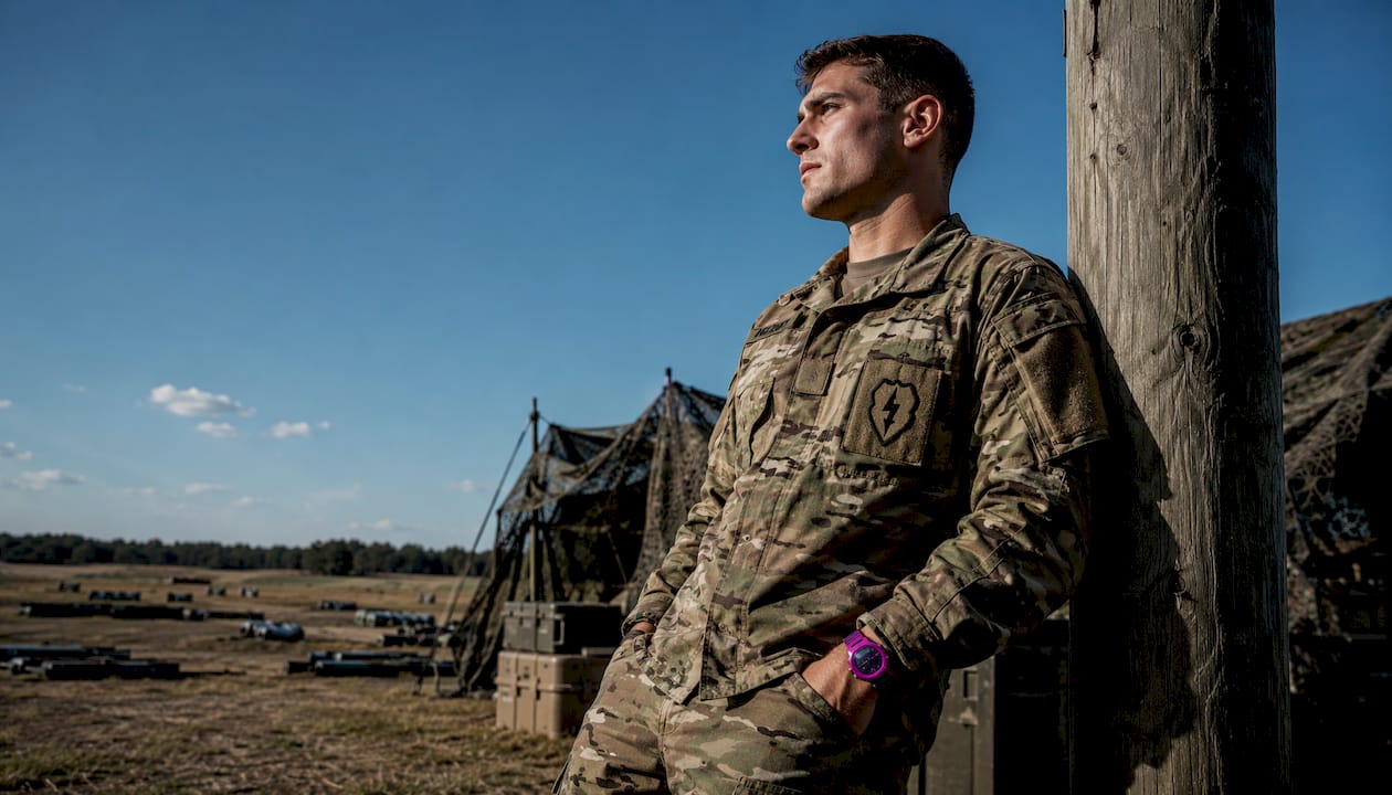 Soldier wearing branch insignia patch on ACU chest pocket