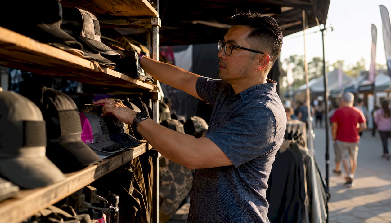 Veteran small business owner organizing merchandise