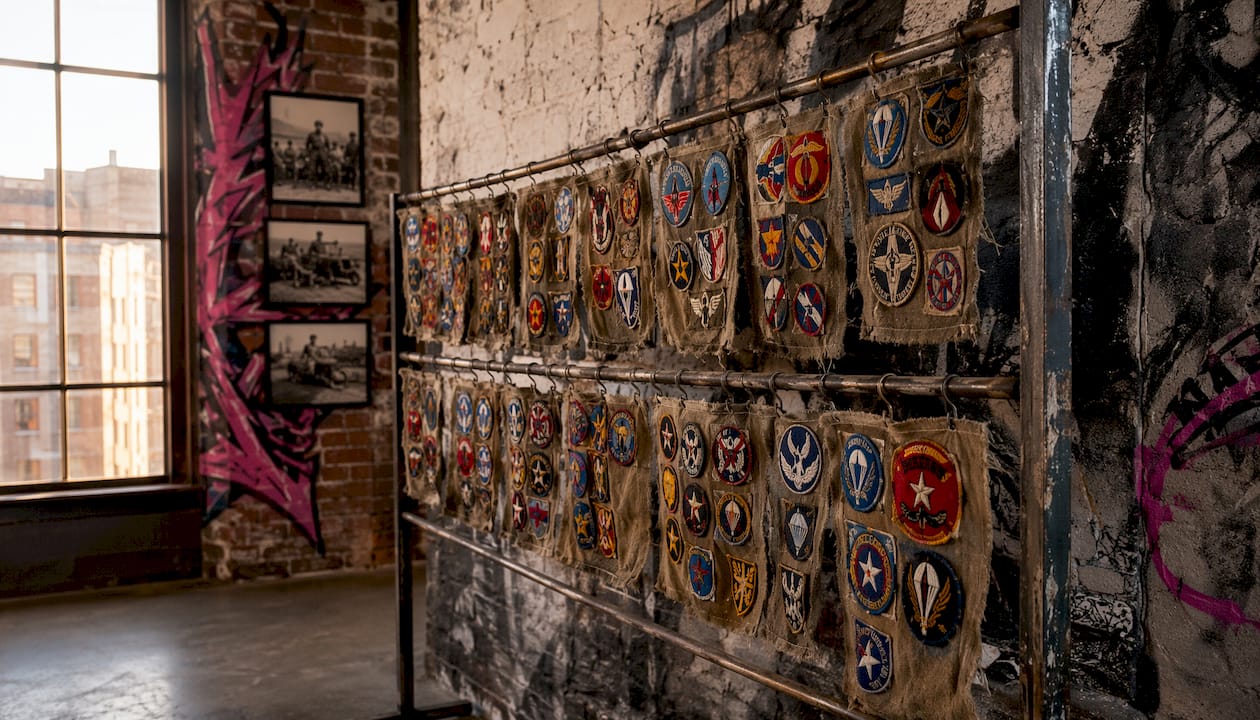Vintage WWII military unit insignia patches in display case