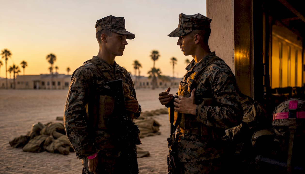 Two Marines walking together during recruit training