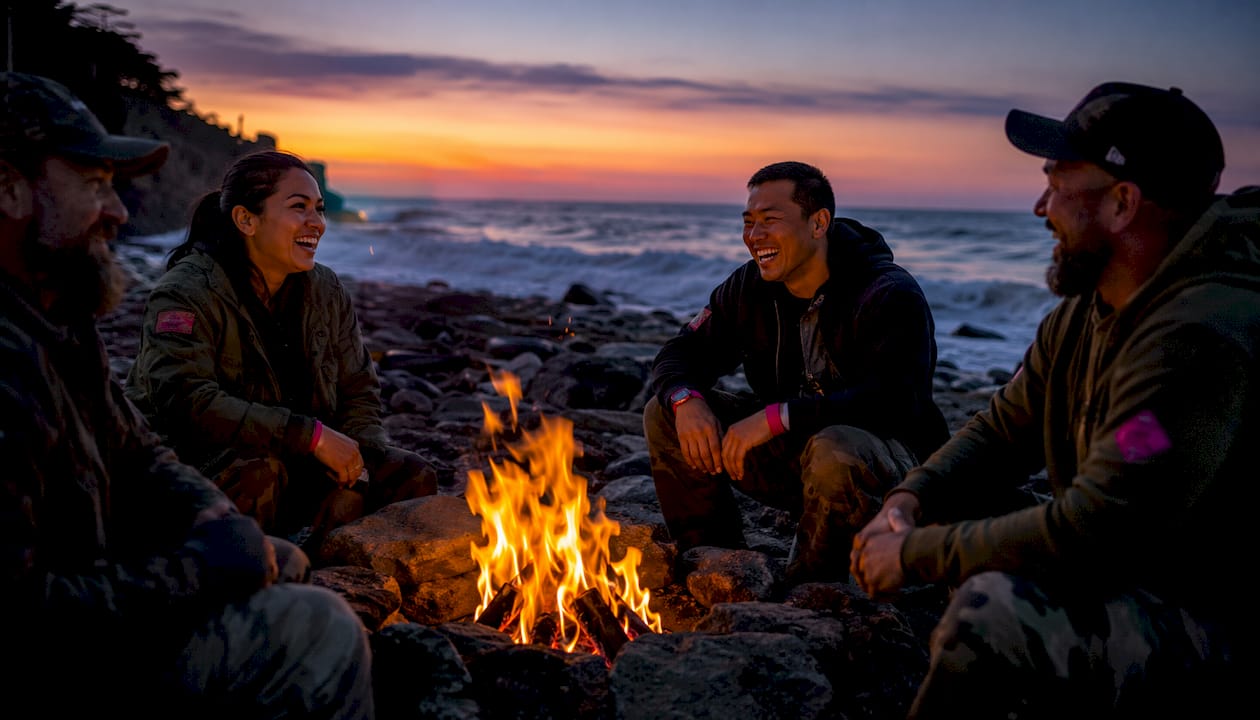Veterans enjoying campfire bonding outdoors