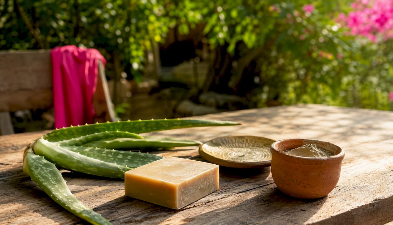 Natural soap bar with aloe vera and clay on shelf