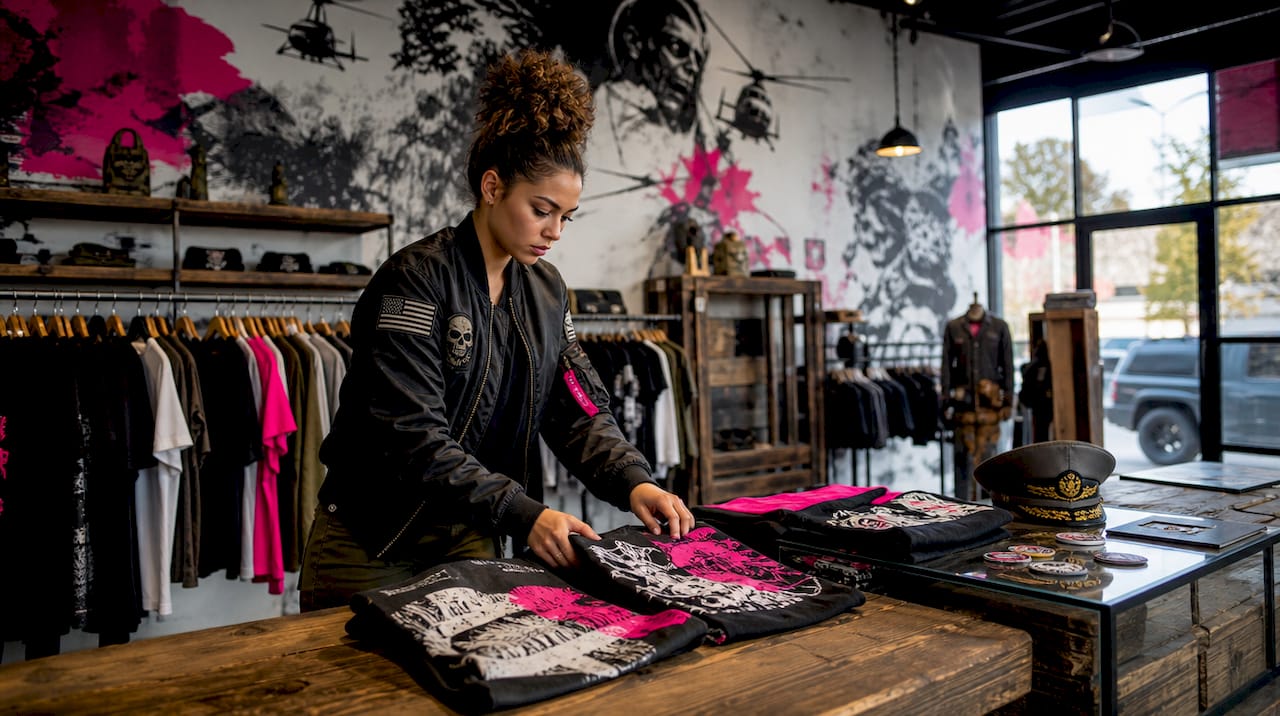 Veteran apparel shop owner arranging graphic t-shirts