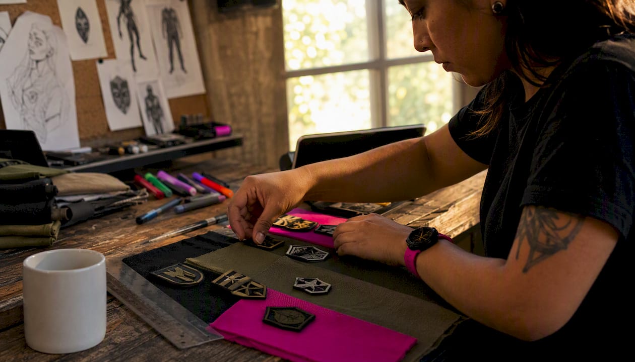 Designer arranging veteran patches on fabric swatches