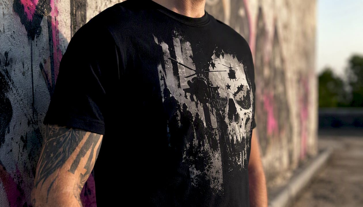 Veteran torso wearing military graphic t-shirt