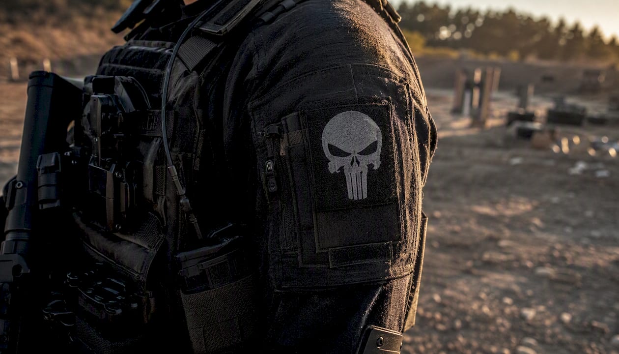 Military tactical gear showing Punisher skull patch