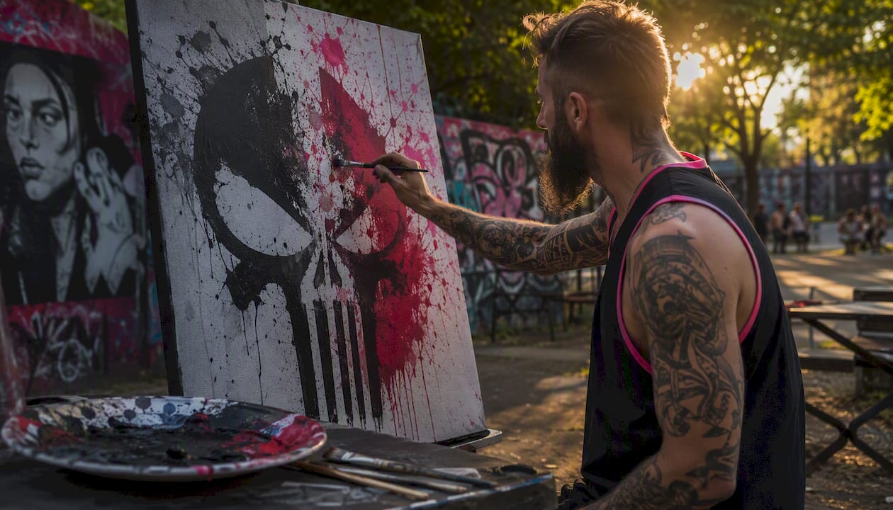 Painter creating Punisher skull artwork with activism elements