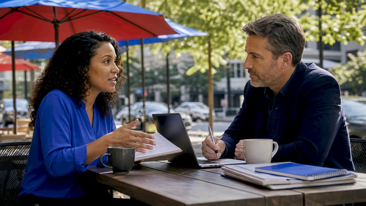 Two professionals discussing outreach strategies in co-working space