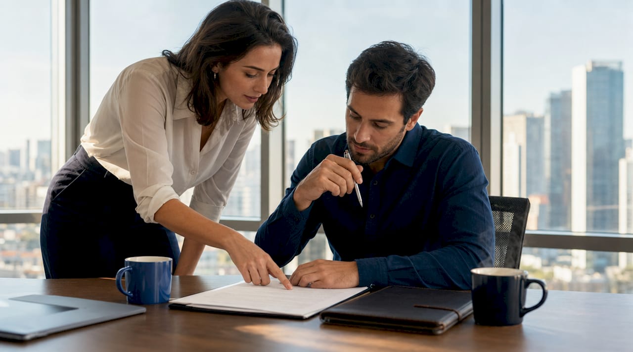 Professionals discussing business sale documents over coffee