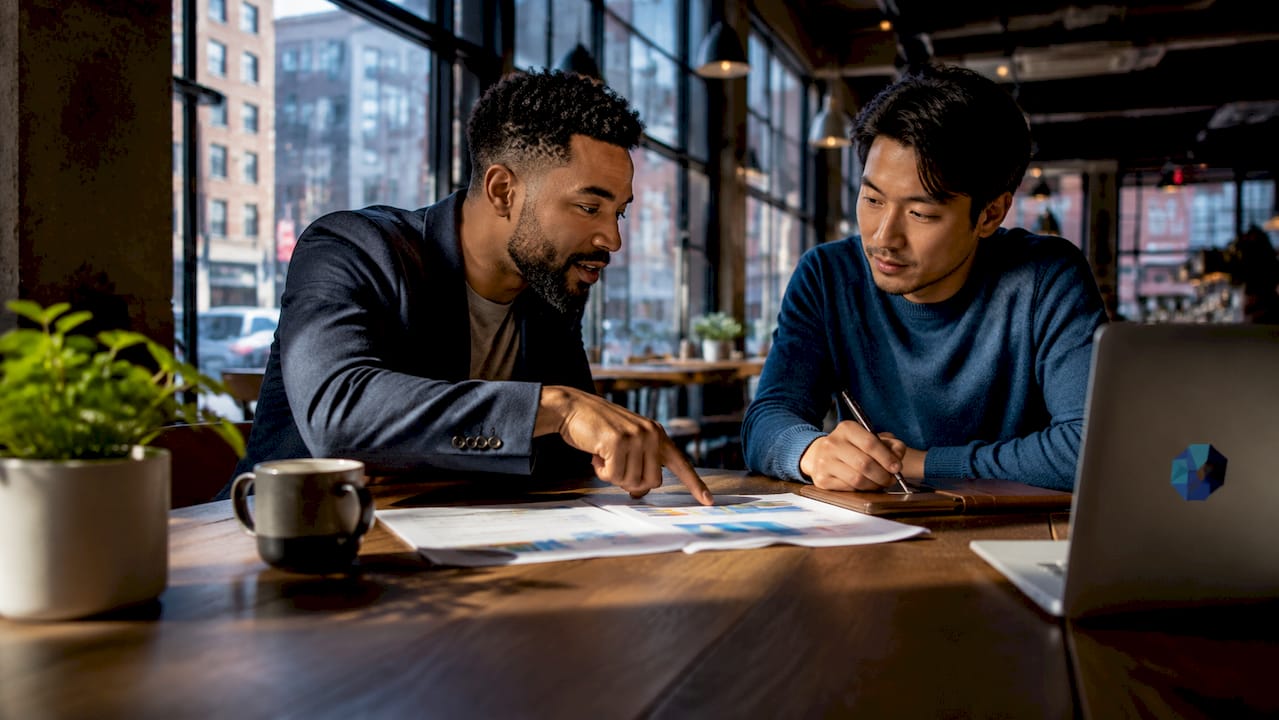 Two men discussing business acquisition financing