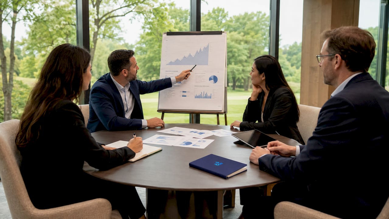 Private equity team meeting around conference table