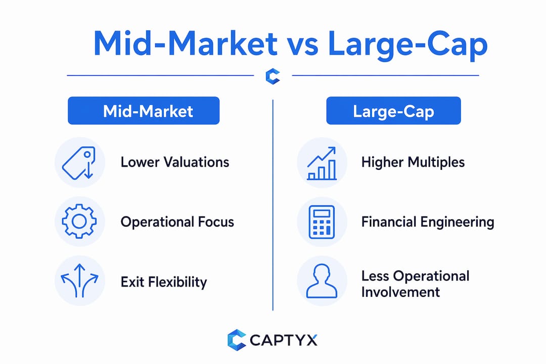 Infographic comparing mid-market and large-cap private equity