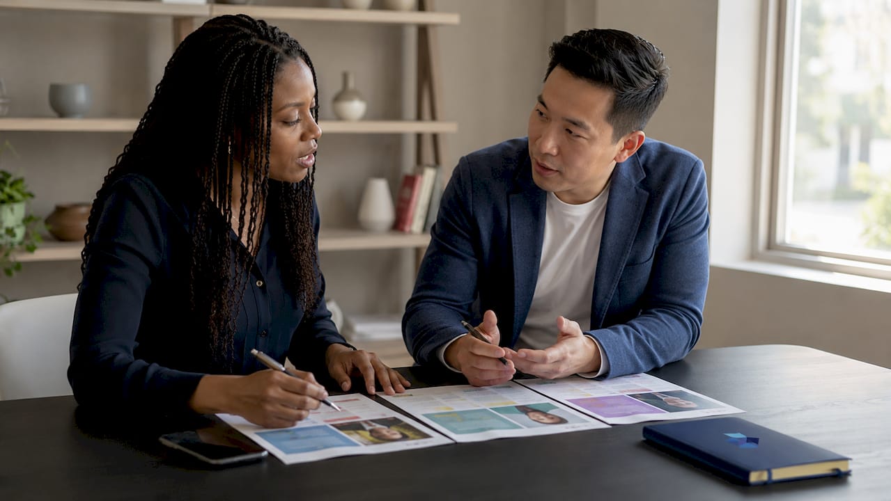 Two professionals collaborating on buyer profiles