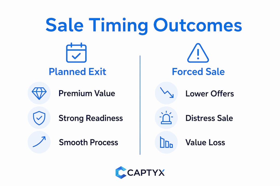 Infographic comparing planned exit and forced sale outcomes