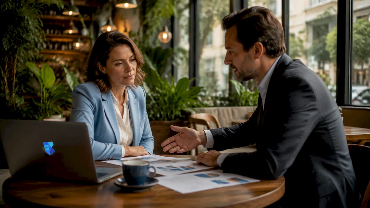 Business advisors discussing sale documents