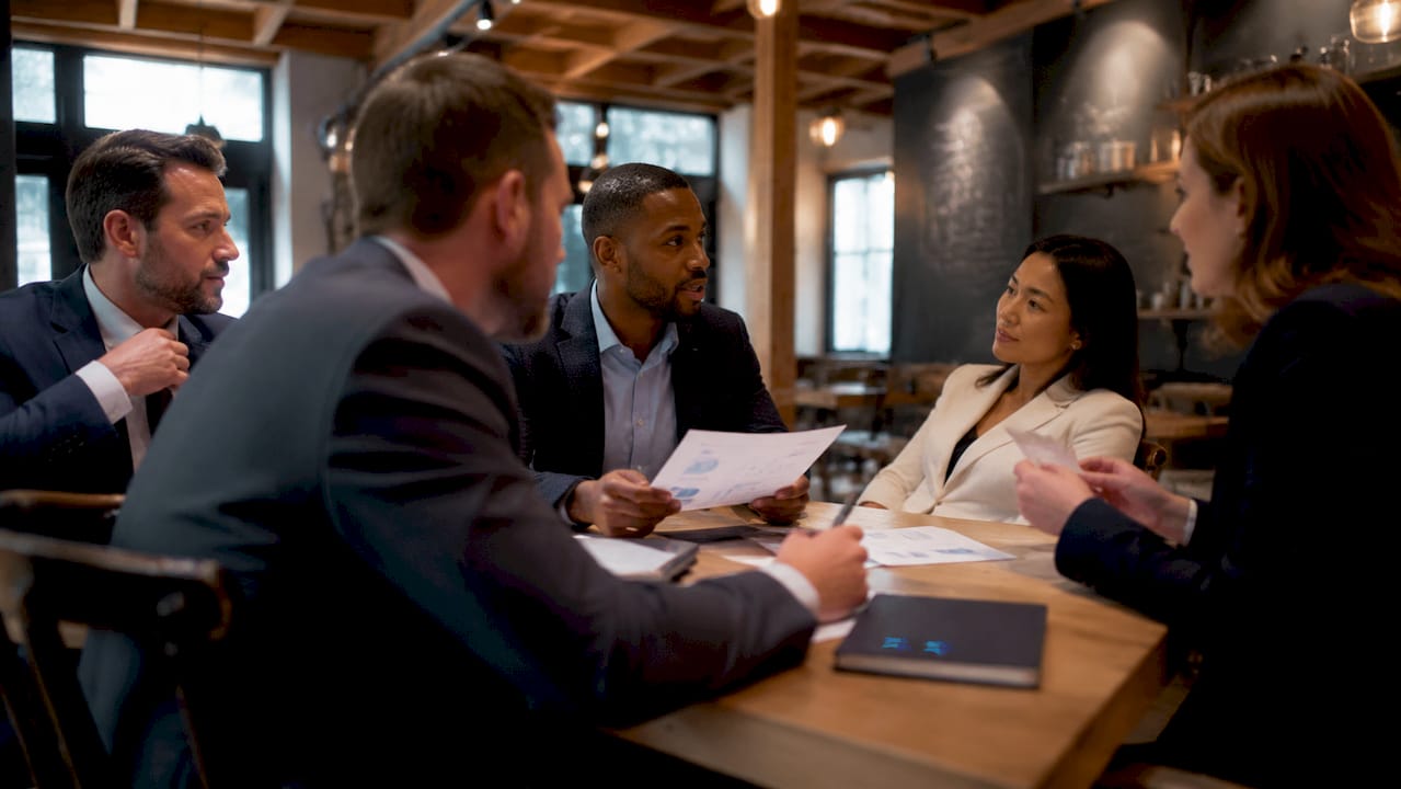 Group of business brokers in discussion at table