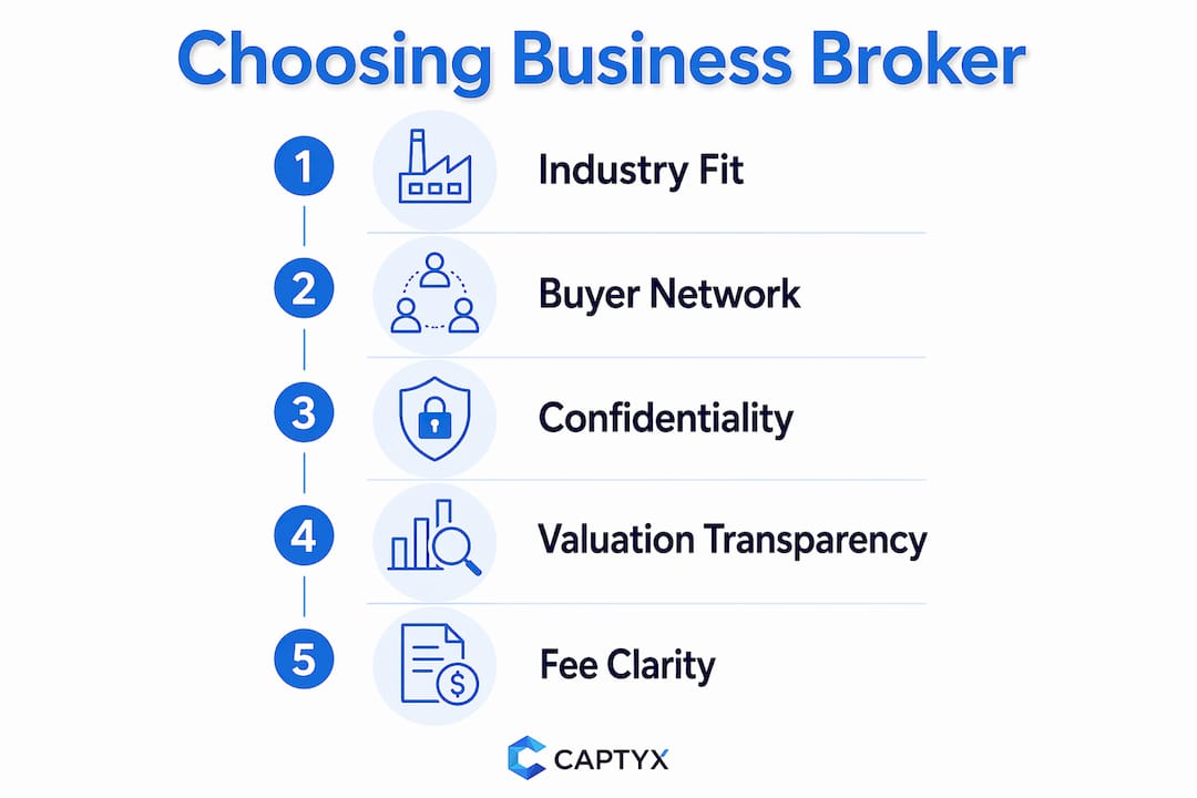 Infographic illustrating steps to choose business broker