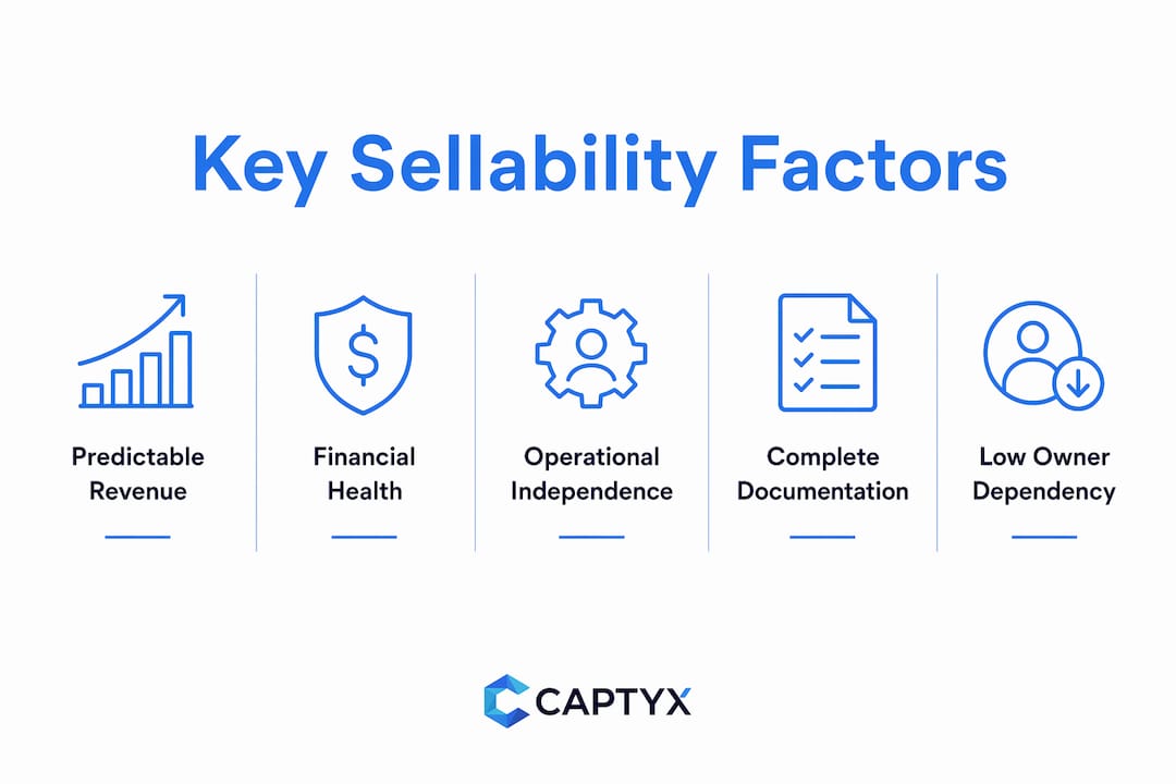 Infographic illustrating key factors that make a business sellable
